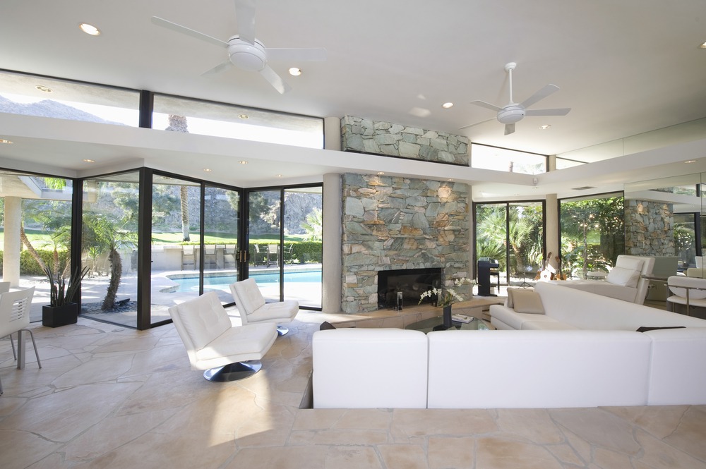 Sunken Seating Area and Exposed Stone Fireplace
